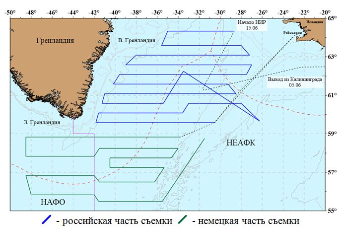 Схема выполнения международной тралово-акустической съемки по оценке запаса окуня-клювача в море Ирмингера на СТМ «Атлантида»